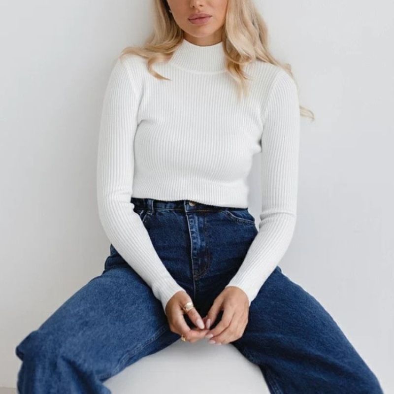 Women's Ribbed Mock Neck Fitted Long Sleeve Sweater Top