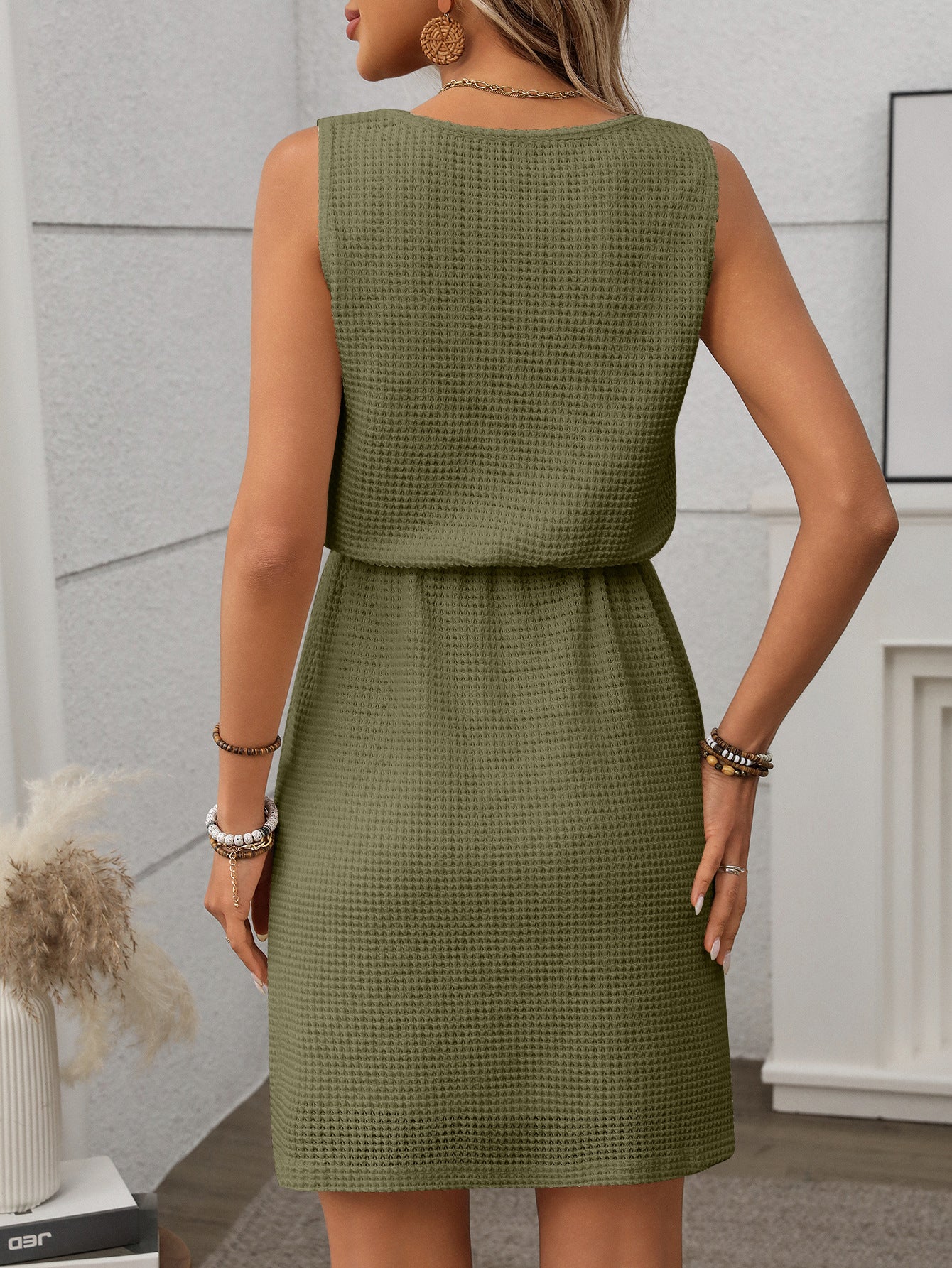 Waffle Knit Sleeveless Drawstring Waist Mini Dress