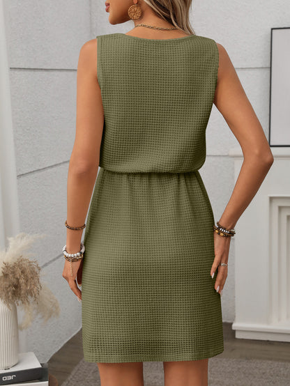 Waffle Knit Sleeveless Drawstring Waist Mini Dress