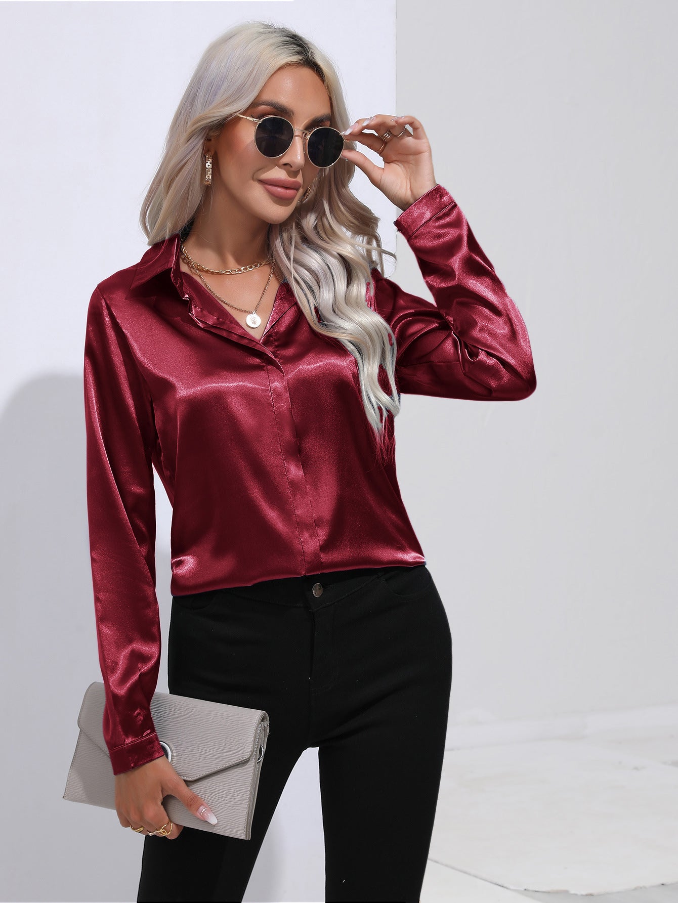 Women's Satin Long Sleeve Collared Blouse