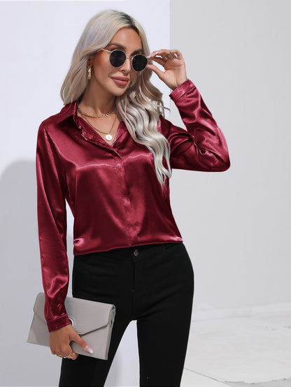 Women's Satin Long Sleeve Collared Blouse