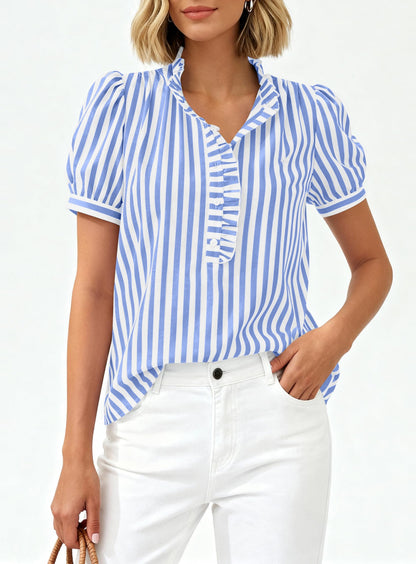 Striped Ruffle Trim Blouse V Neck Puff Sleeve Top