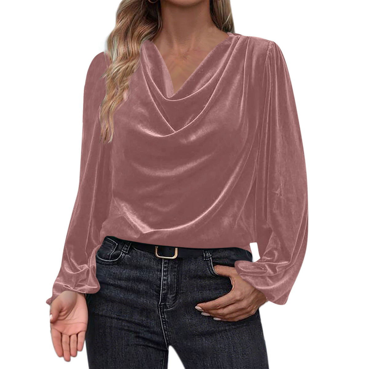 Women's Velvet Cowl Neck Long Sleeve Blouse