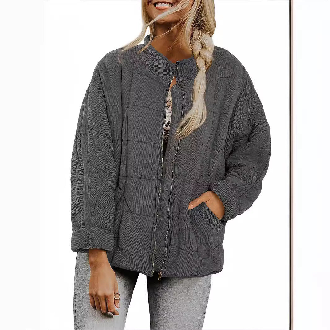 Women's Oversized Quilted Stand Collar Zip-Up Jacket