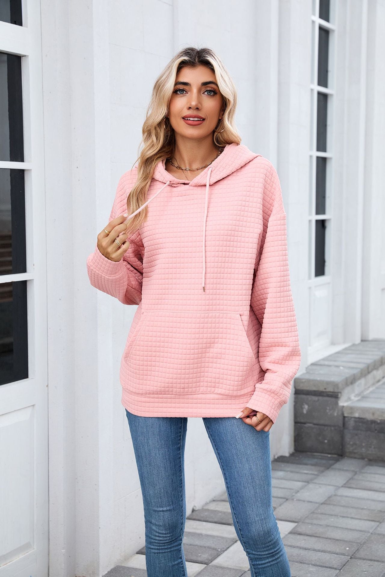 Pink Textured Oversized Hoodie with Front Pocket for Women