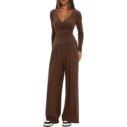 Women's 2 Piece V Neck Wide Leg Pants Lounge Set