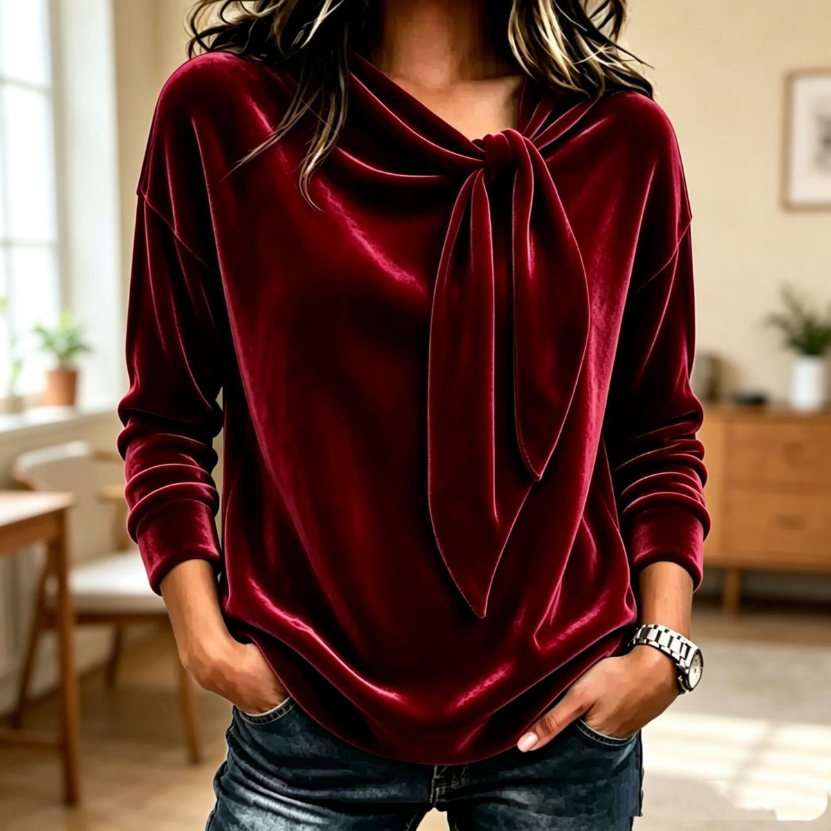 Women's Velvet Bow Neck Long Sleeve Top