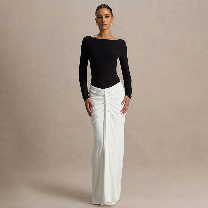 Two Tone Boat Neck Backless Ruched Long Sleeve Maxi Dress