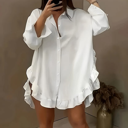 Women's Oversized Ruffle Button Down Shirt Dress