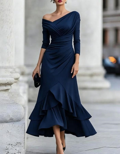 Off Shoulder V Neck Ruched Ruffle Midi Dress Long Sleeve