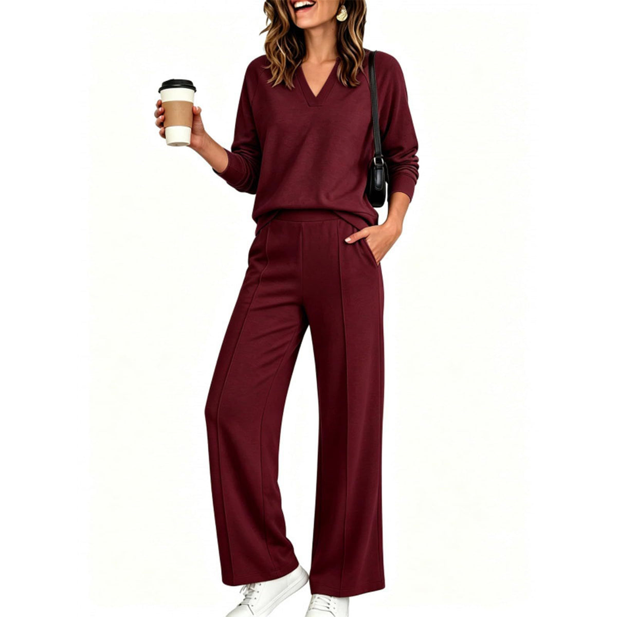 Women's V-Neck Top Wide Leg Pants 2 Piece Set
