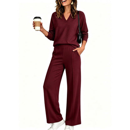 Women's V-Neck Top Wide Leg Pants 2 Piece Set