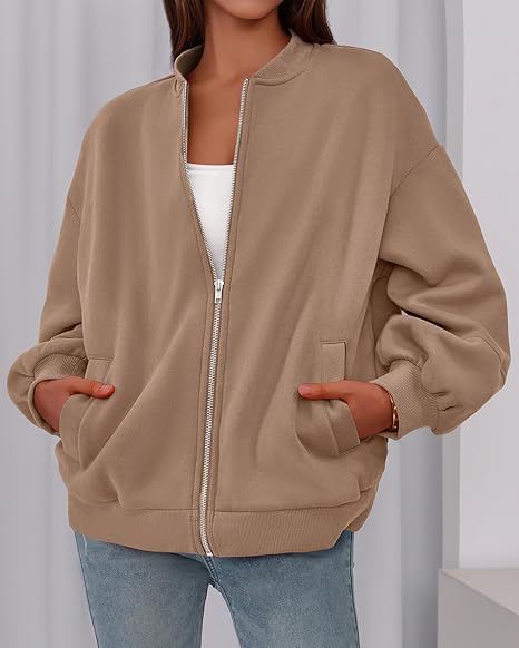 Women's Oversized Zip Up Bomber Jacket Lantern Sleeve