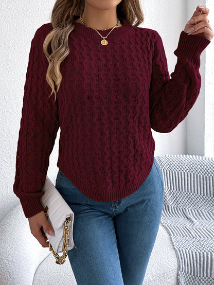 Women's Cable Knit Balloon Sleeve Curved Hem Sweater