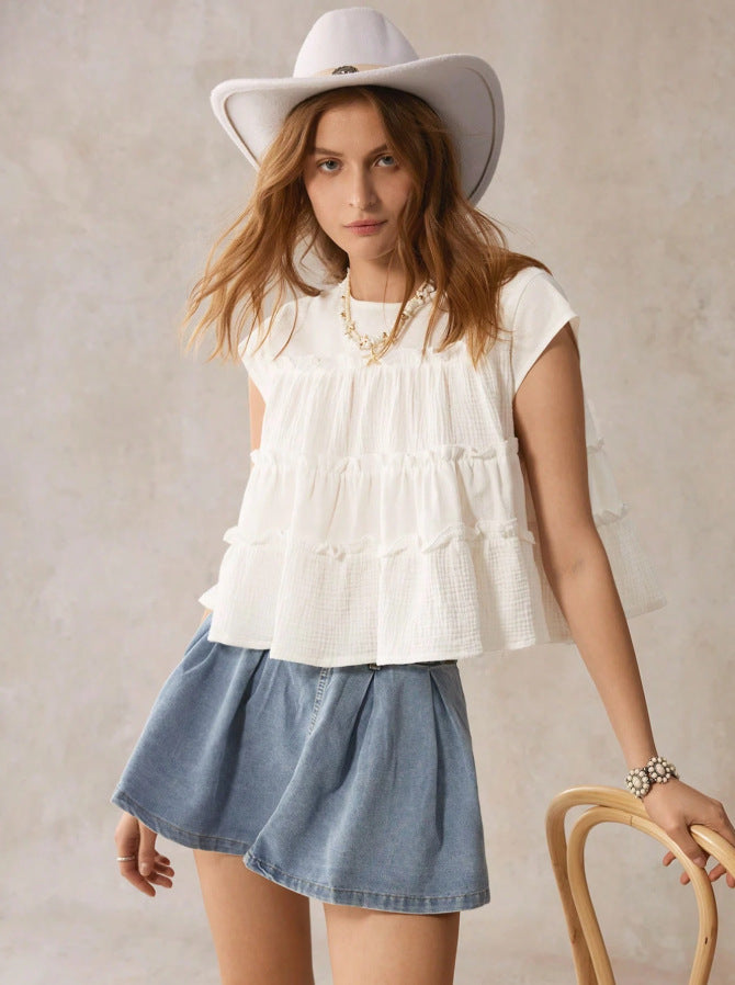 Cotton Tiered Babydoll Blouse Loose Ruffle Summer Top