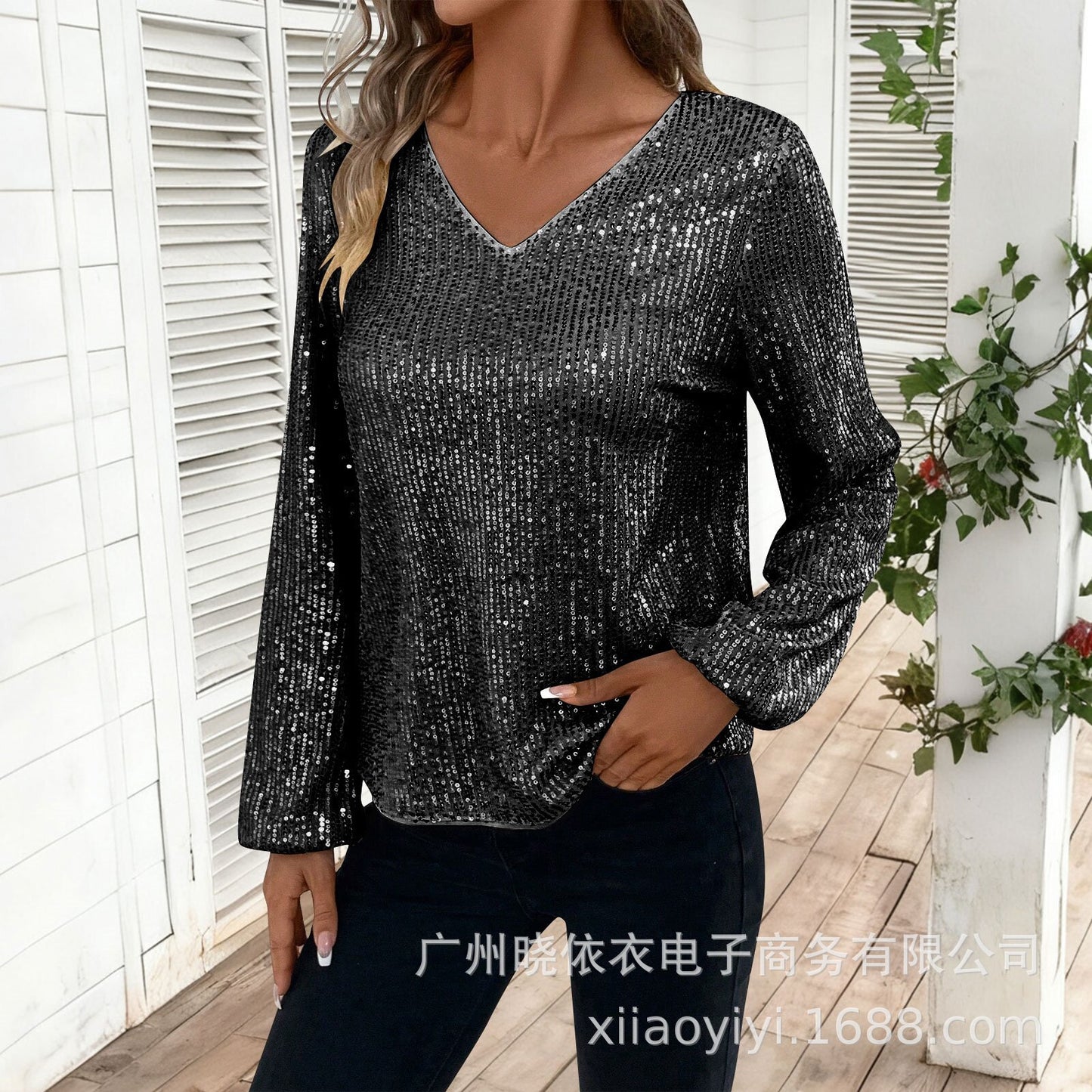Women's Sequin V Neck Long Sleeve Party Top