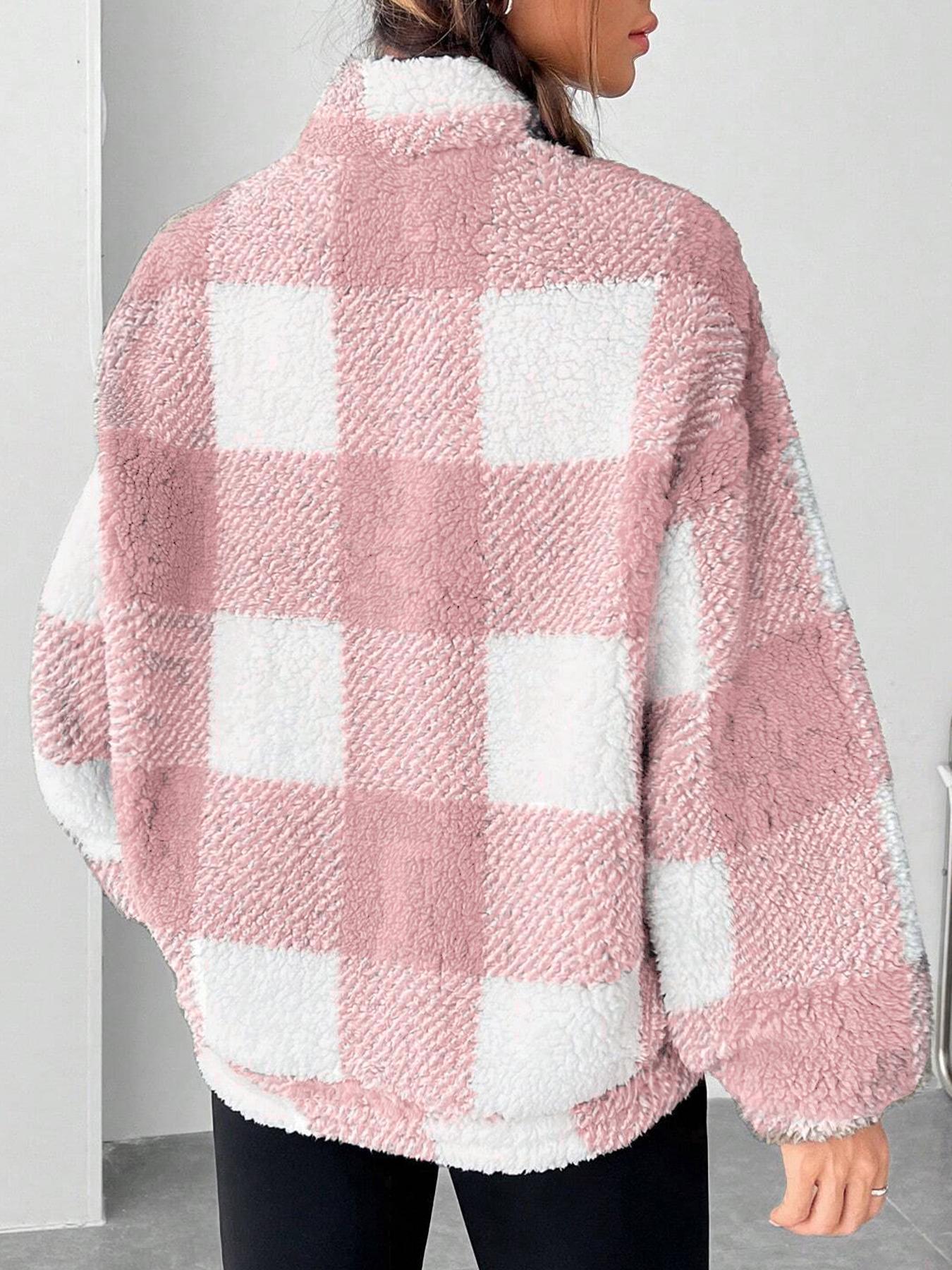 Womens Checkered Sherpa Quarter Zip Fleece Pullover