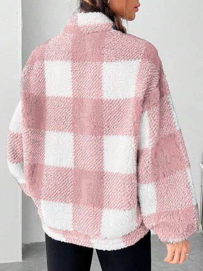 Womens Checkered Sherpa Quarter Zip Fleece Pullover