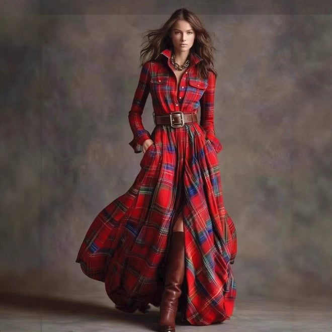 Plaid Belted Maxi Shirt Dress Long Sleeve Vintage