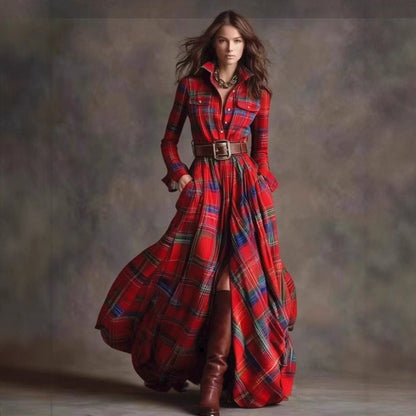 Plaid Belted Maxi Shirt Dress Long Sleeve Vintage