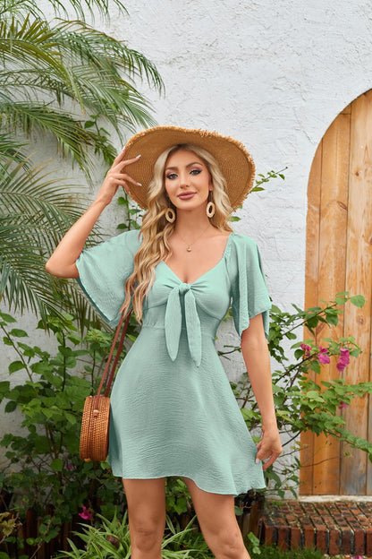 Blue V Neck Tie Front Mini Dress Summer