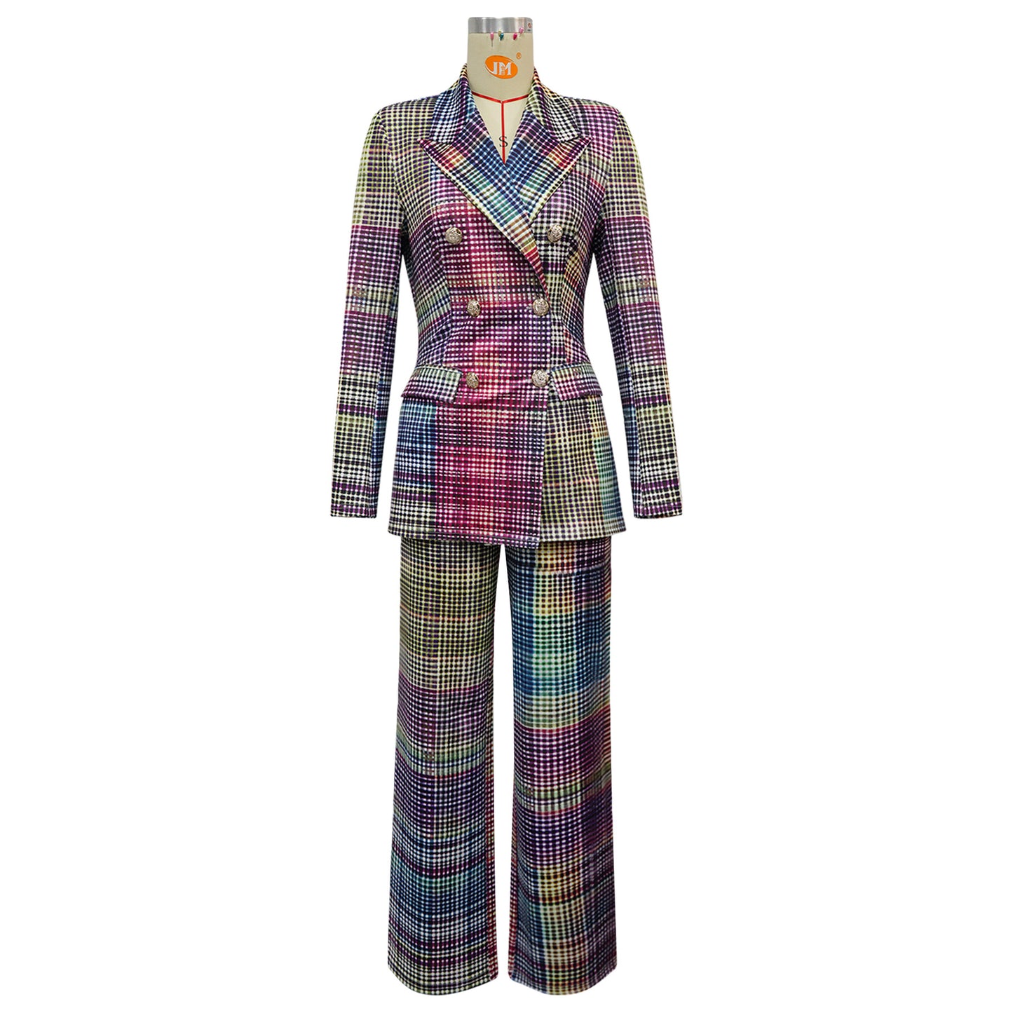 Women Plaid Blazer Pants Set Trendy Two Piece Suit