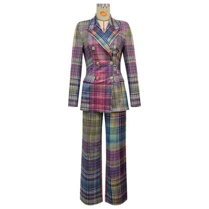 Women Plaid Blazer Pants Set Trendy Two Piece Suit