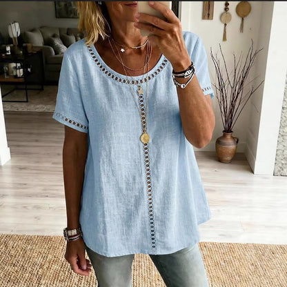 Cotton Blend Top Lace Trim Cutout Short Sleeve Shirt