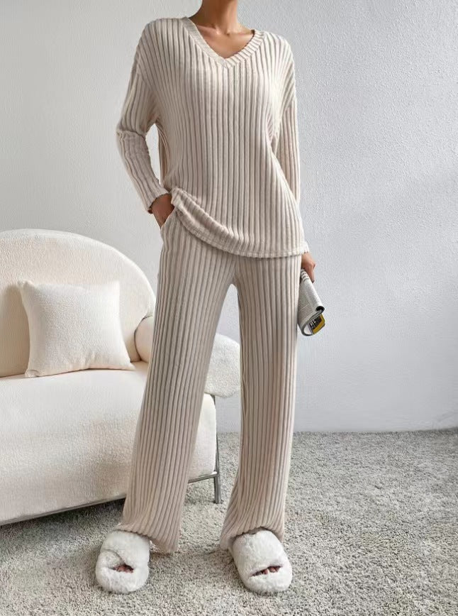 Women's 2 Piece Ribbed Knit V Neck Wide Leg Pants Set