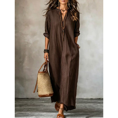 Women's Striped V-Neck Maxi Dress Casual Loose Pockets