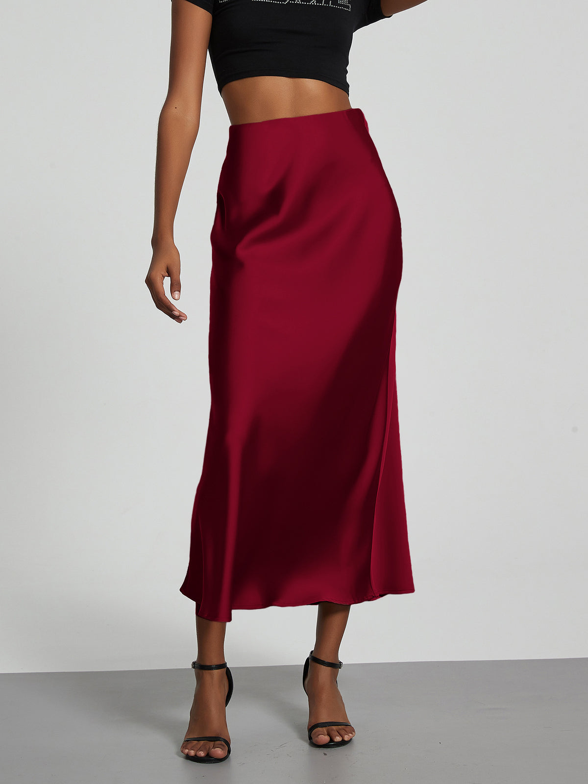 Women's Satin Midi Skirt High Waist Silky Flowy Elegant