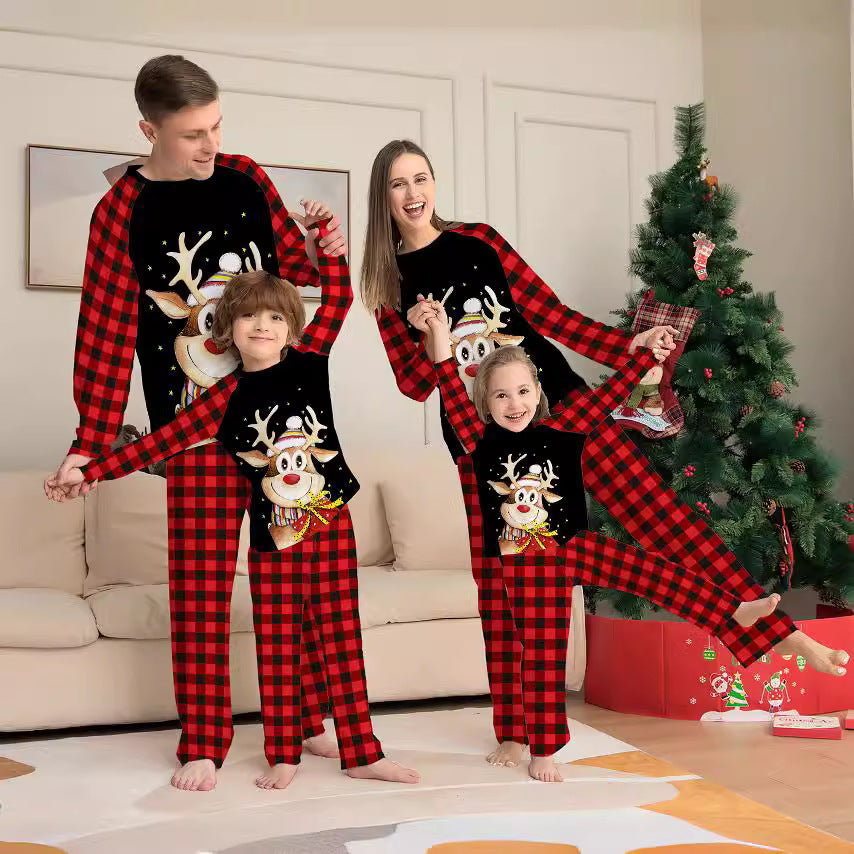 Cartoon Deer Plaid Parent-child Dress Printed Christmas Pajamas