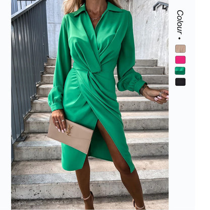 Women's Long Sleeve V Neck Wrap Midi Shirt Dress
