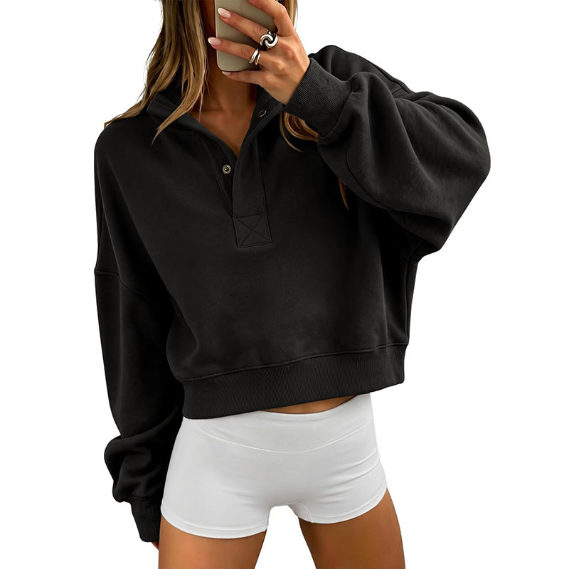 Cropped Henley Sweatshirt Polo Collar Relaxed Fit