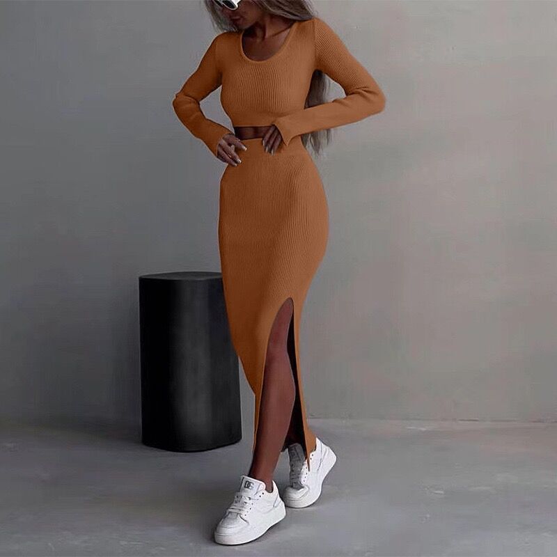 Ribbed Long Sleeve Crop Top and Slit Maxi Skirt Set