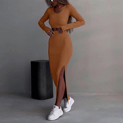 Ribbed Long Sleeve Crop Top and Slit Maxi Skirt Set
