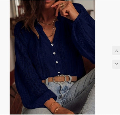 Women's Crochet Balloon Sleeve V Neck Blouse