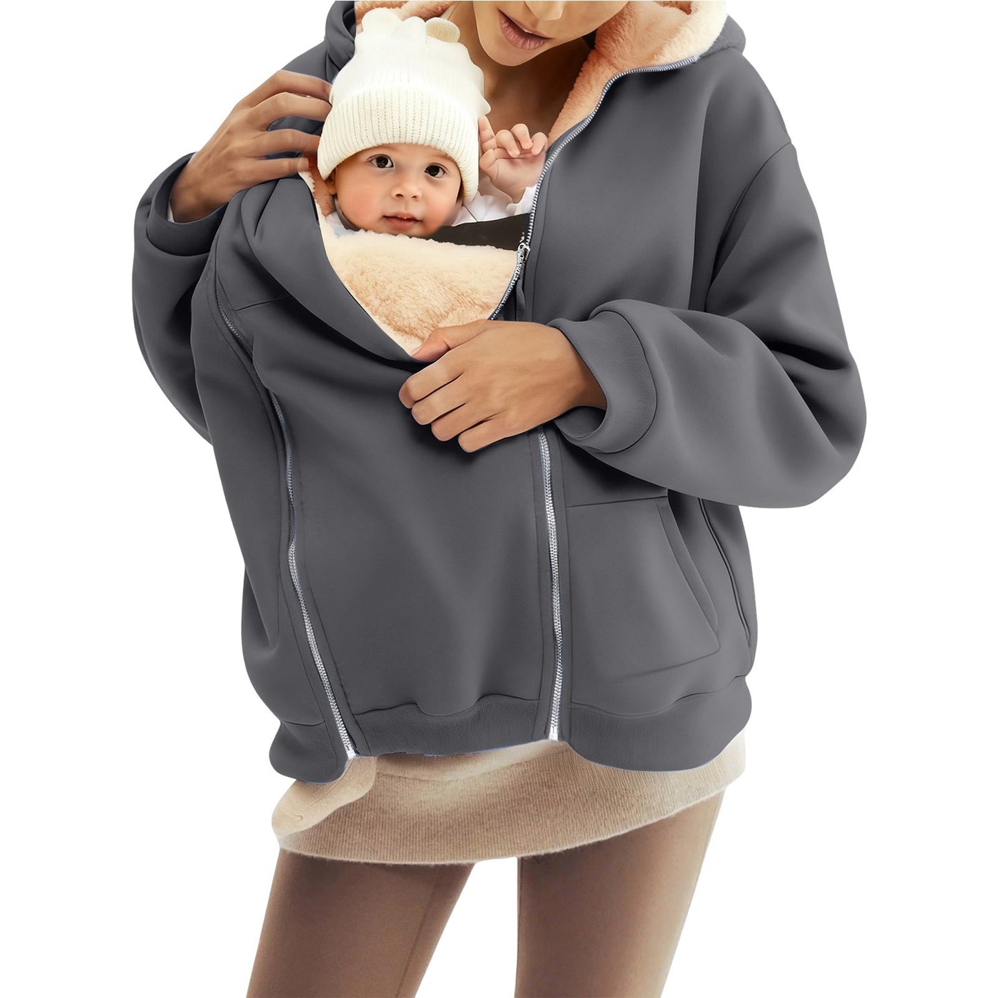 Women's Sherpa Baby Carrier Zip Up Hoodie Kangaroo Pocket