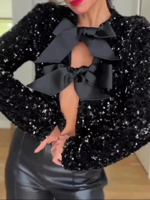 Womens Sequin Bow Tie Cropped Long Sleeve Party Jacket