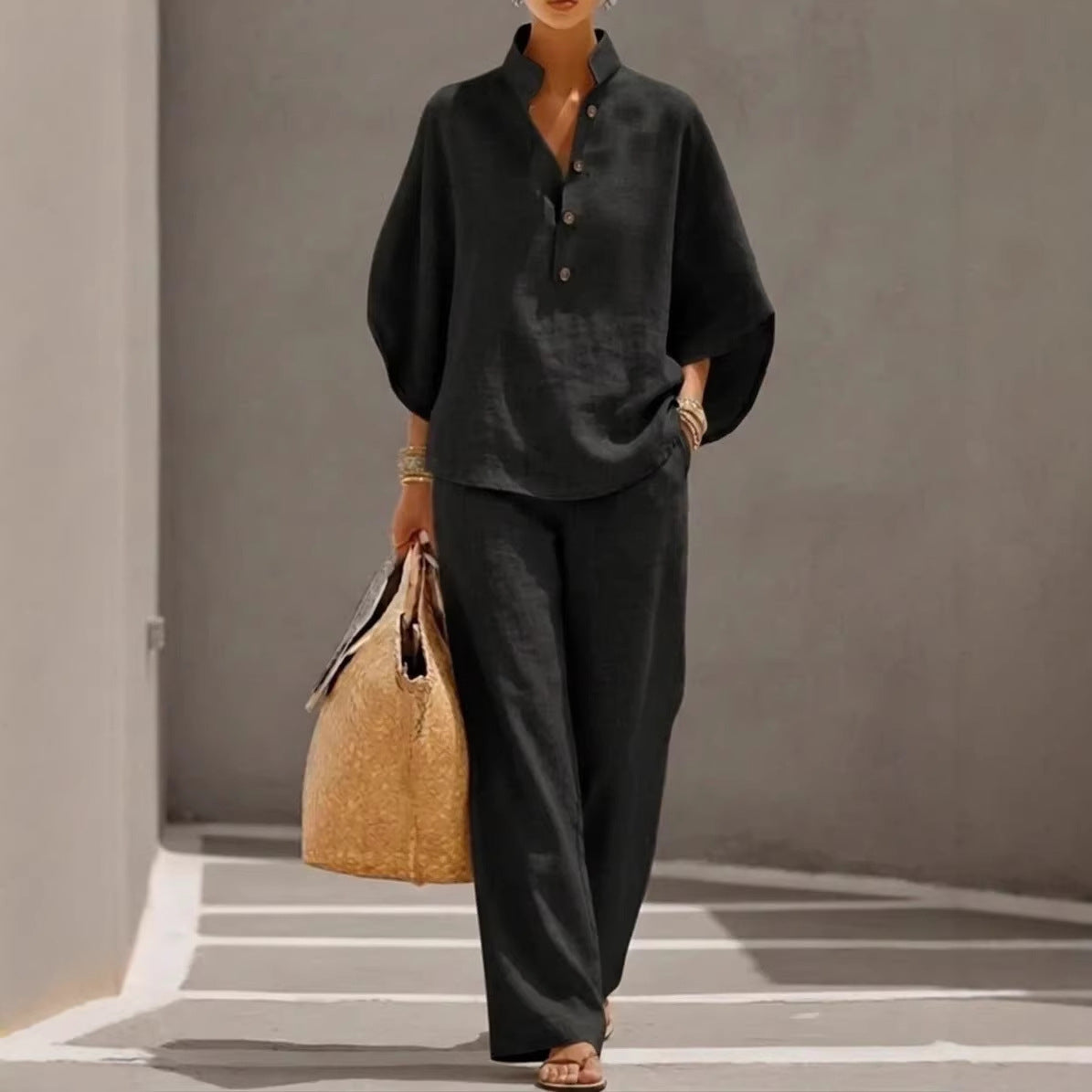 Womens Linen Blend Shirt & Wide Leg Pants Matching Set
