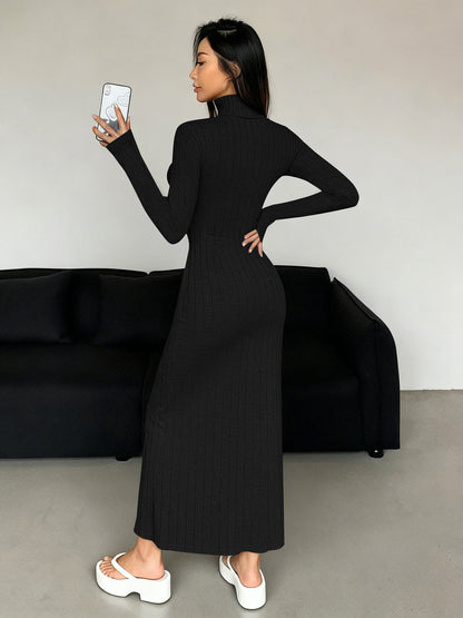 Ribbed Turtleneck Long Sleeve Bodycon Maxi Dress