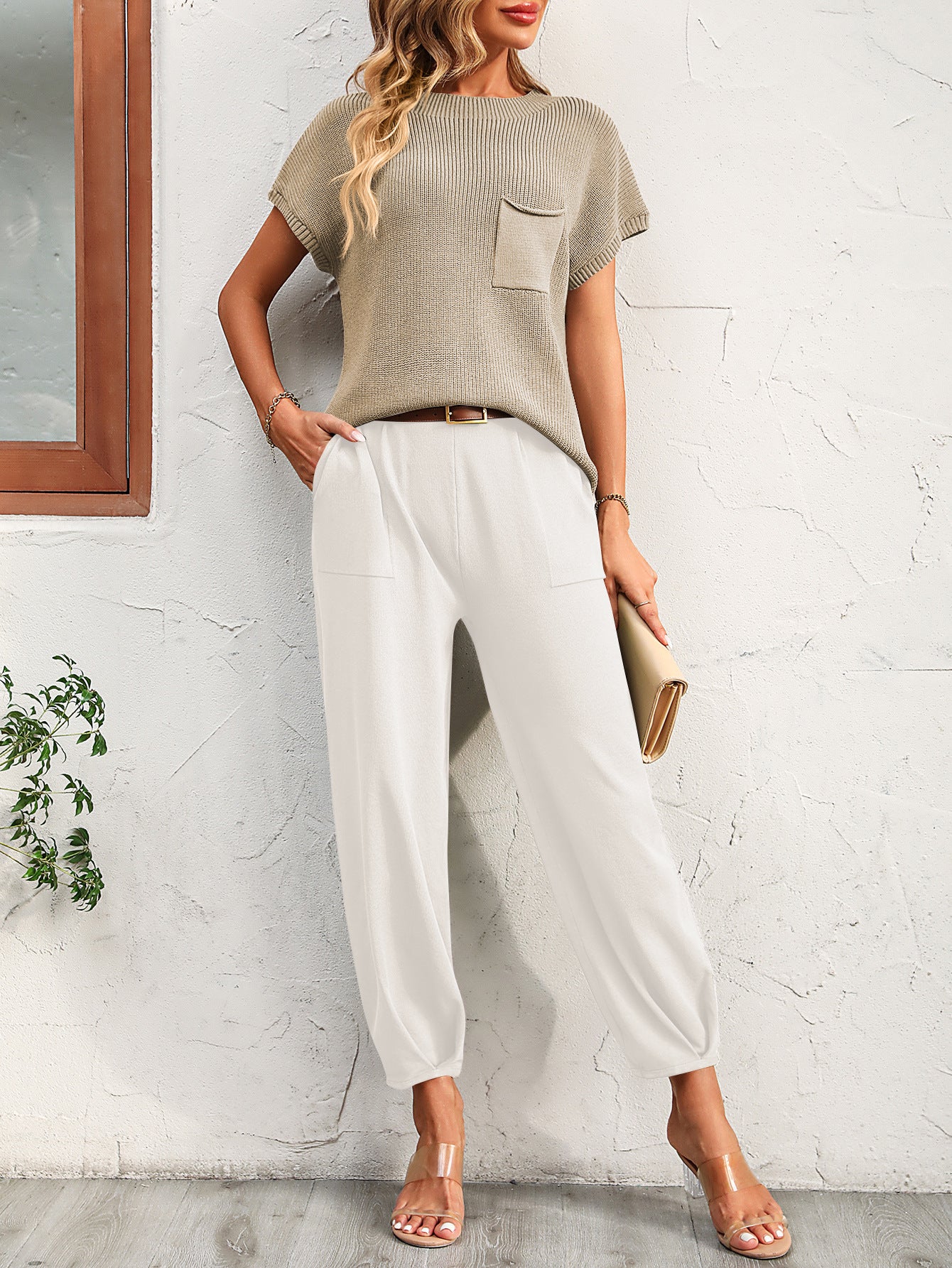 Colorblock Short-Sleeve Sweater & Pants Lounge Set