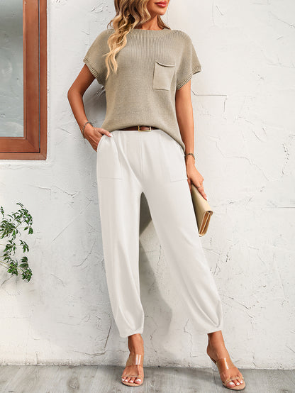 Colorblock Short-Sleeve Sweater & Pants Lounge Set