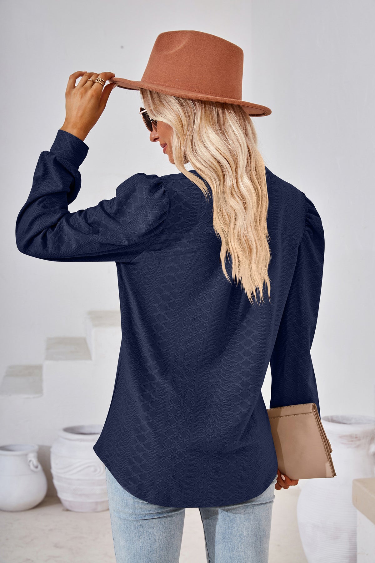 Women's V Neck Puff Sleeve Textured Tunic Top Long Sleeve