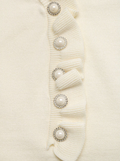 Ruffle Trim V Neck Sweater Pearl Button Pullover