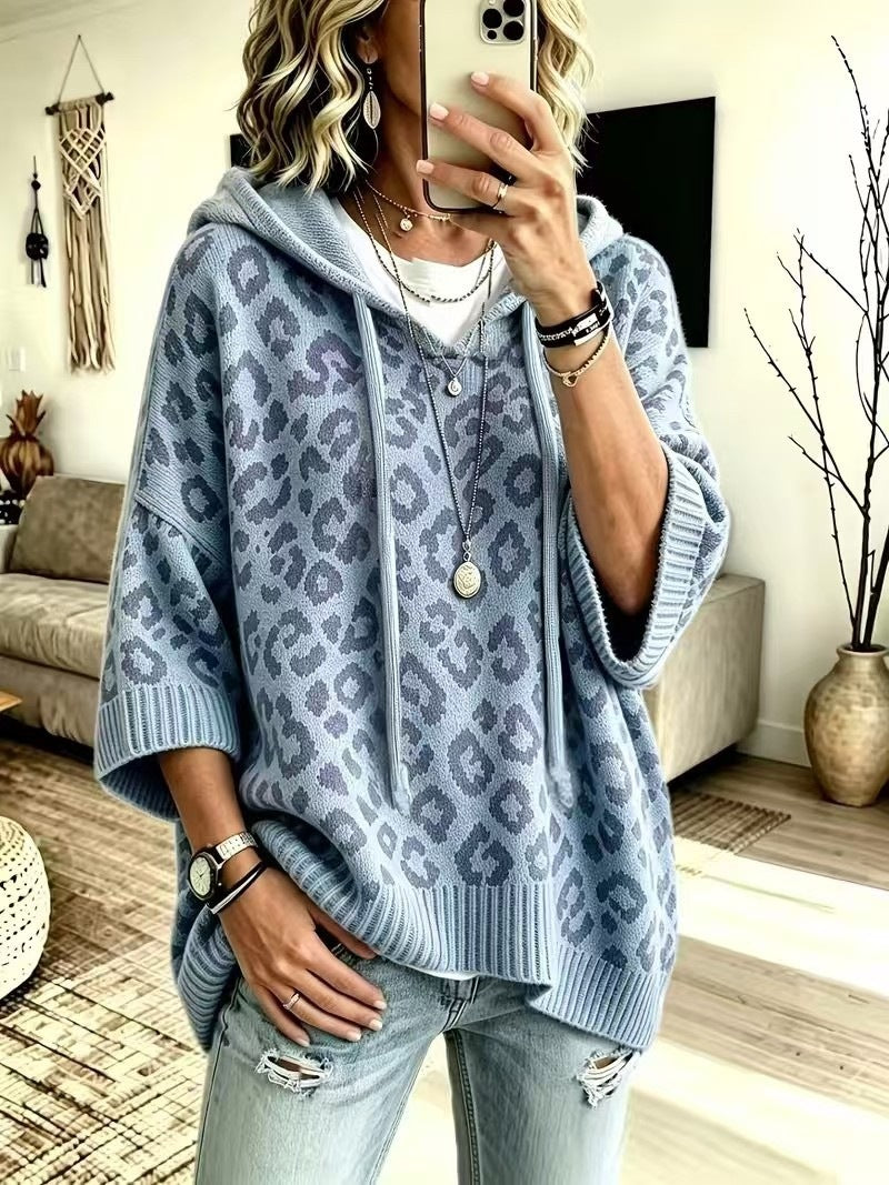 Oversized Leopard Print Hooded Knit Sweater Pullover