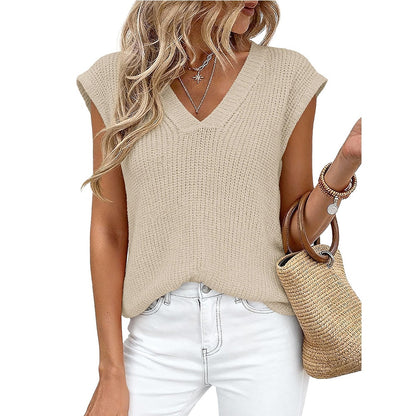 V Neck Knit Sweater Vest Sleeveless Loose Summer Top