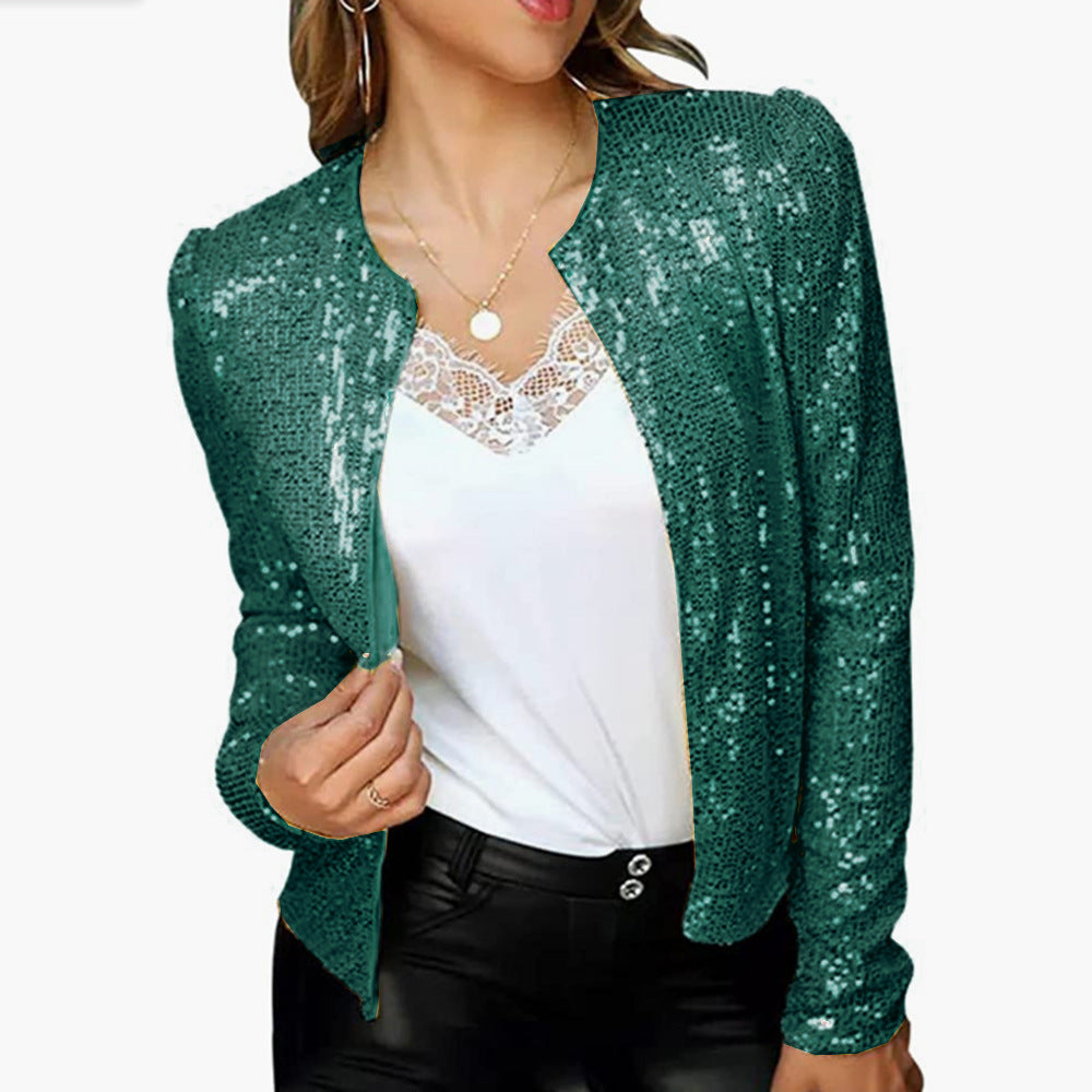 Women's Sequin Zip Up Cropped Jacket Stand Collar