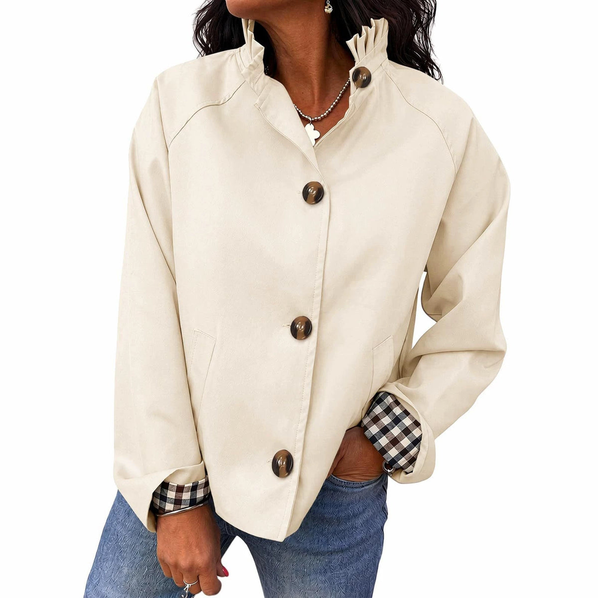 Women's Ruffle Stand Collar Button Front Jacket