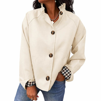 Women's Ruffle Stand Collar Button Front Jacket